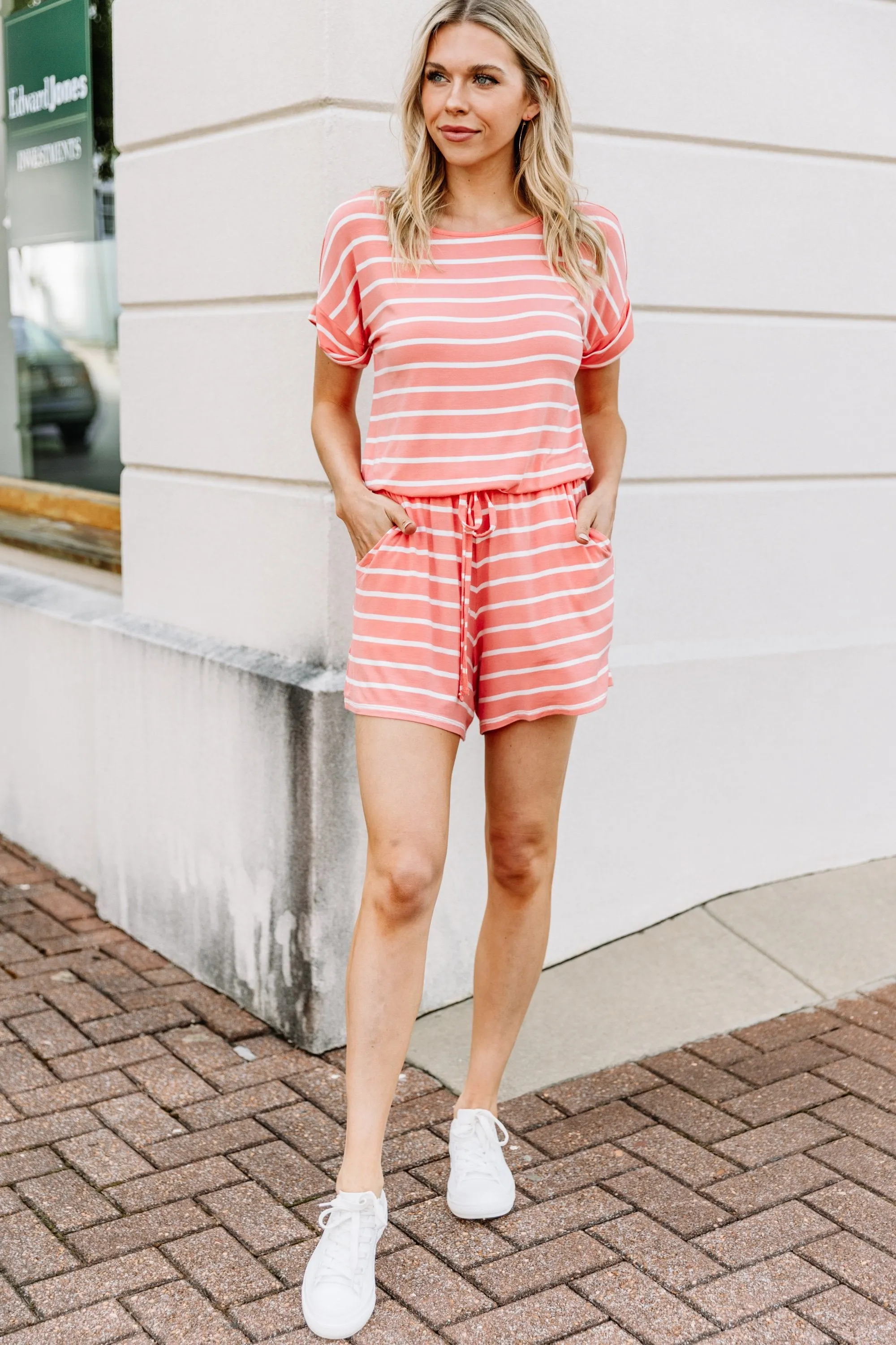 Keep It Moving Deep Coral Pink Striped Romper