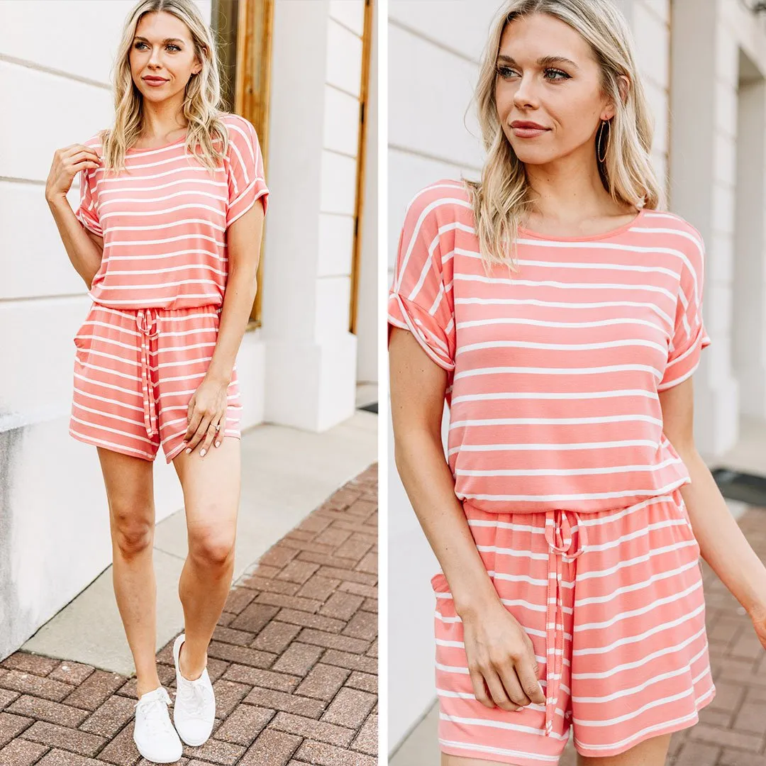 Keep It Moving Deep Coral Pink Striped Romper