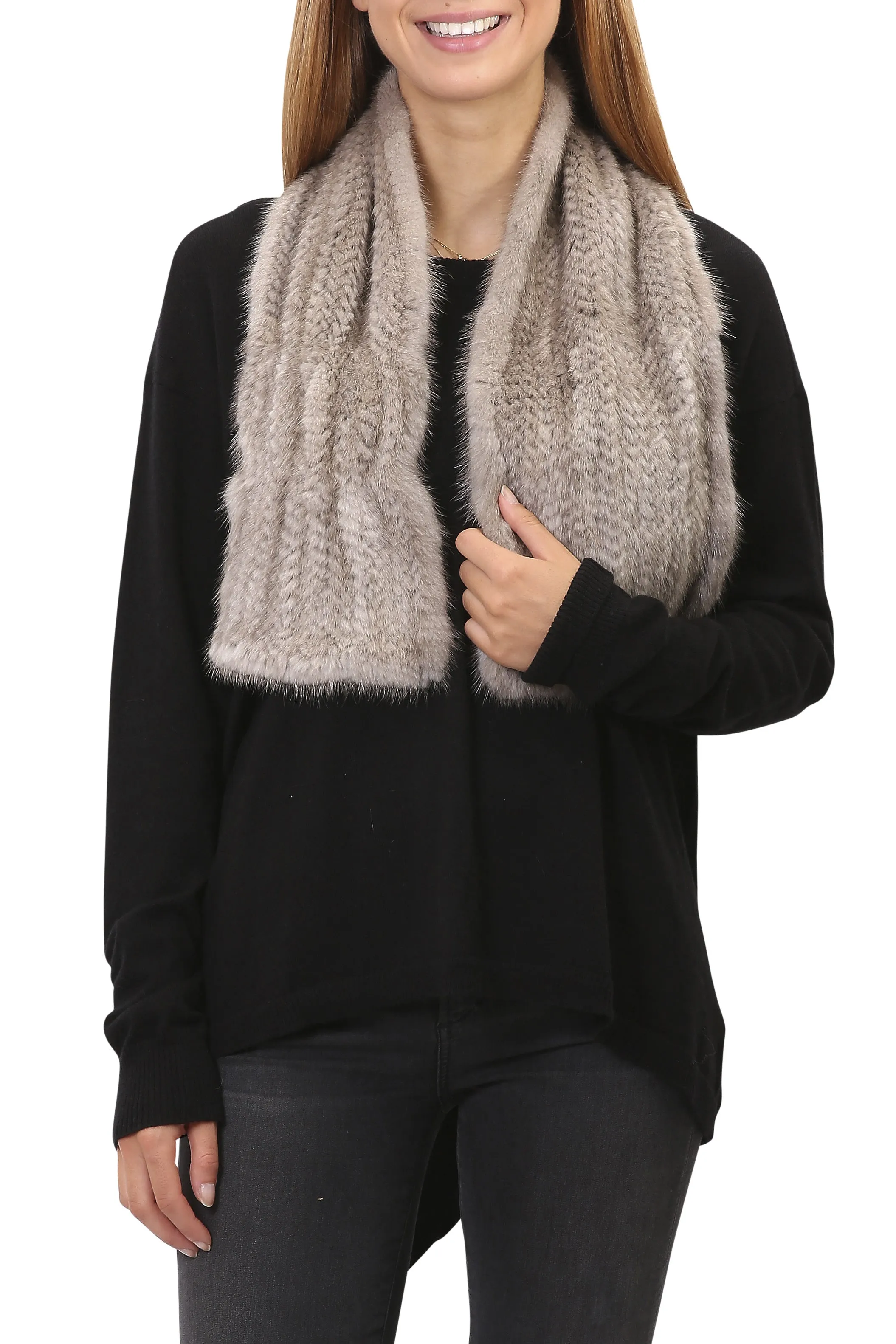 Knitted Grey Slit Mink Luxury Fur Scarf