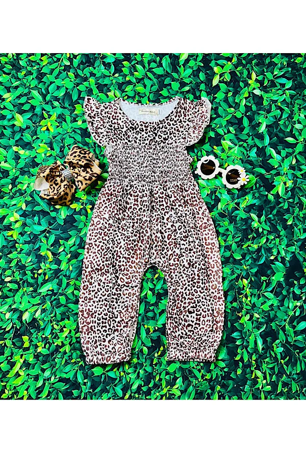 Leopard print smocked baby jumpsuit/romper XCH0999-20H