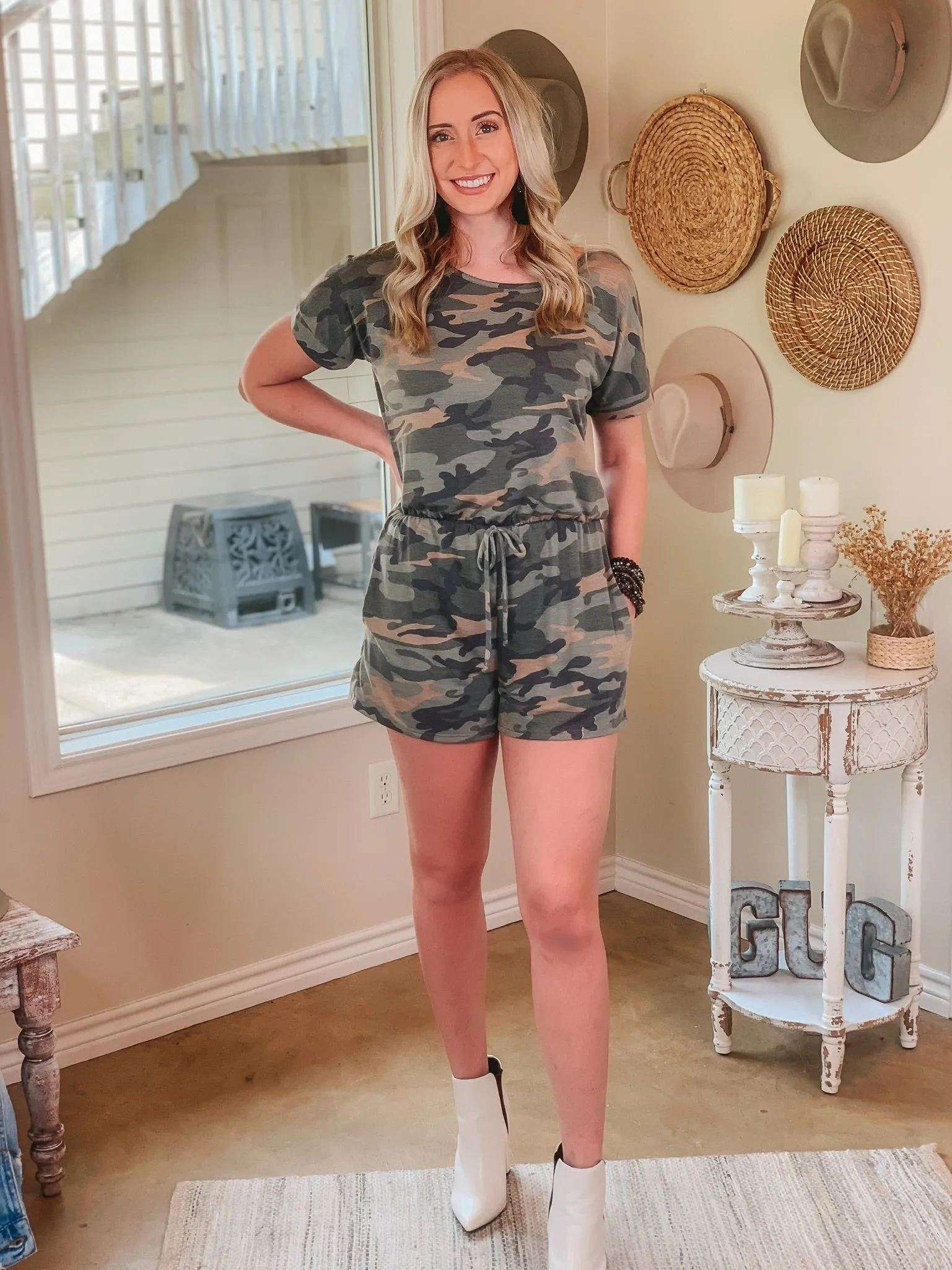 Let Me Loose Short Sleeve Drawstring Waist Tee Shirt Romper in Camouflage