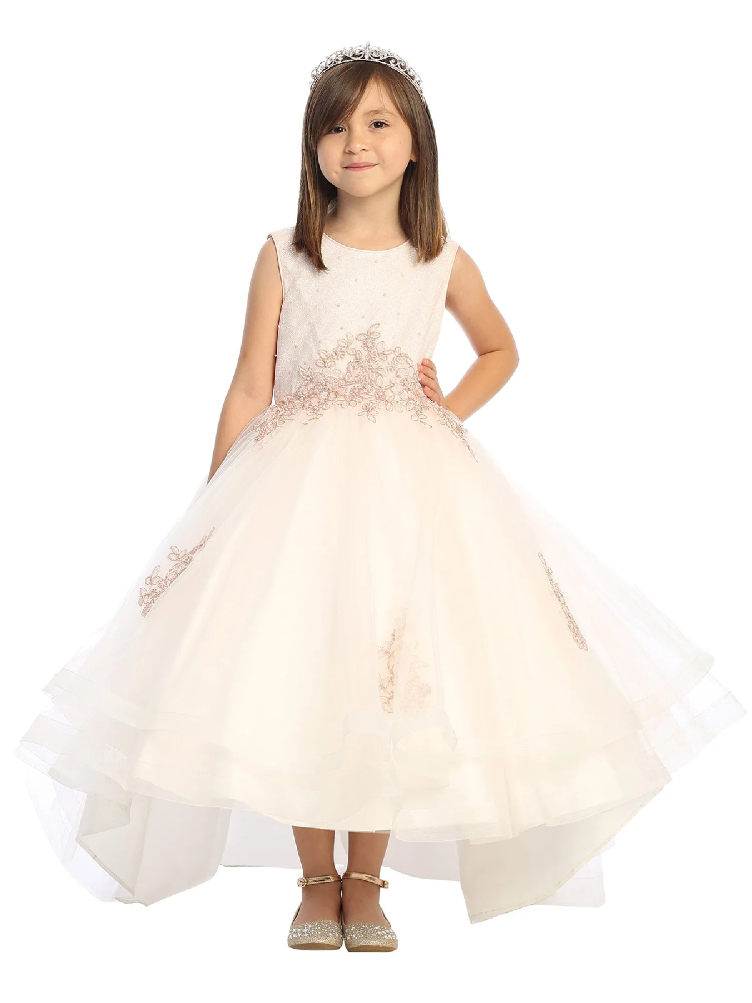 Little Girls Blush Pearl Rhinestone Lace Tail Skirt Flower Girl Dress 2-6