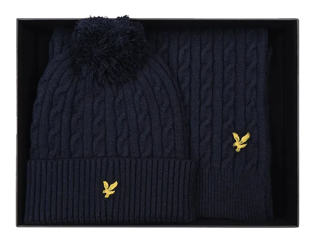 Lyle and Scott Mens Cable Beanie And Scarf Set Dark Navy