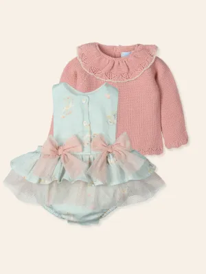 Mac Ilusion AW24 - Baby Girls Ambrosia Green & Dusky Pink Romper & Jumper Set 9538