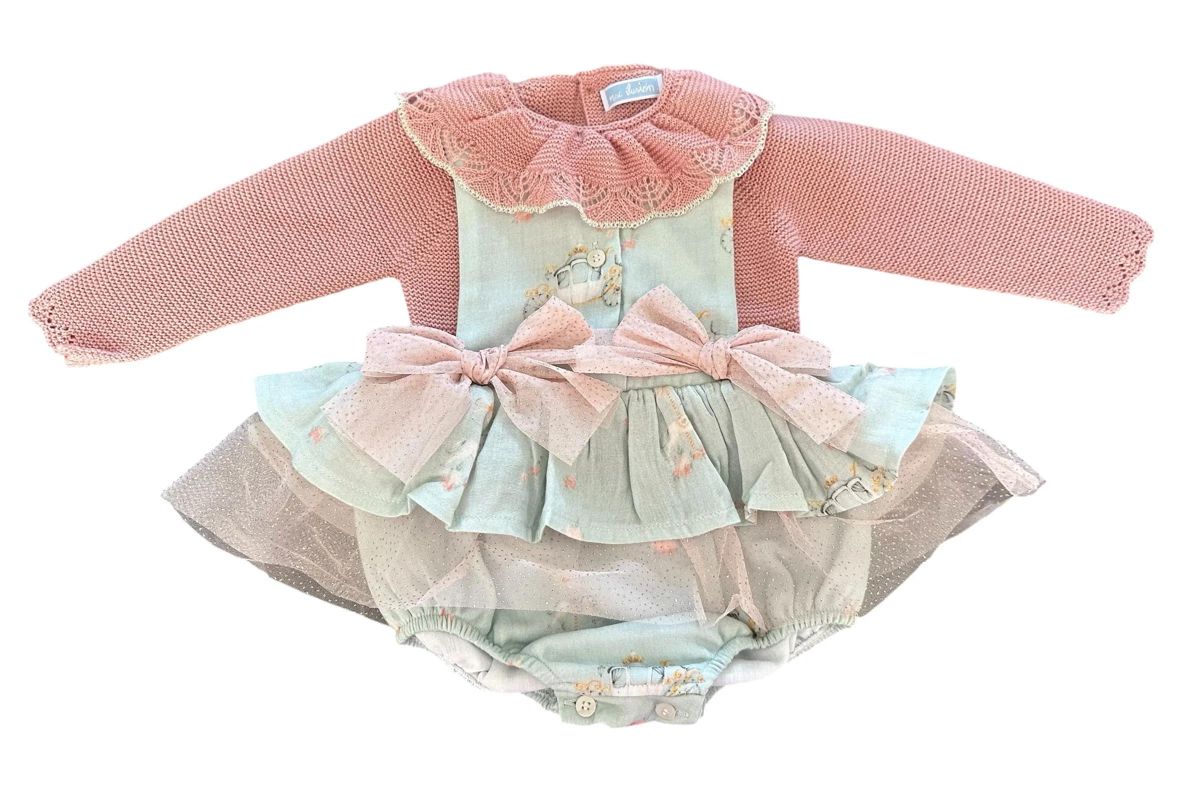 Mac Ilusion AW24 - Baby Girls Ambrosia Green & Dusky Pink Romper & Jumper Set 9538