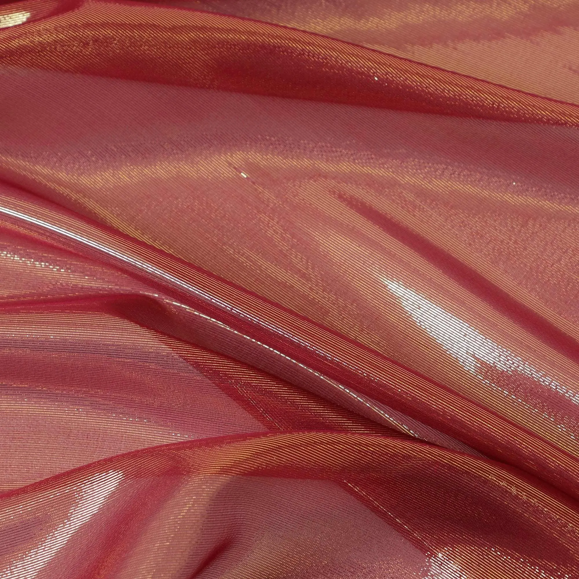 Magenta pink pure silk chiffon with golden metallic lurex in stripe design-D9232