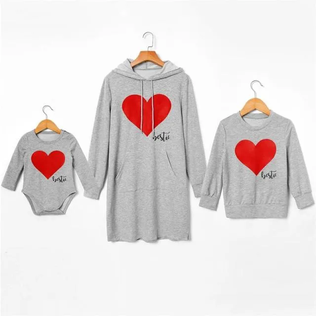 Matching Family Outfits Mommy and Me Long Sleeve Bestie Heart Hoodies Dress