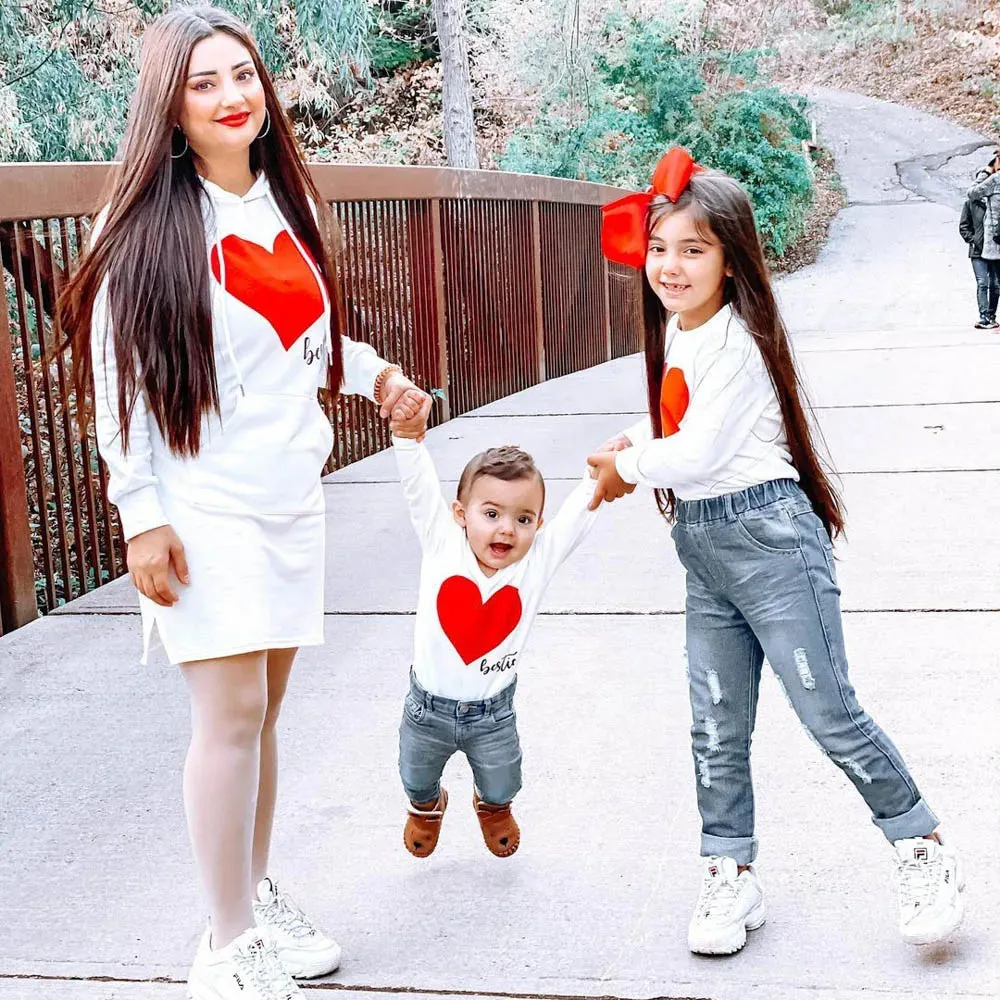 Matching Family Outfits Mommy and Me Long Sleeve Bestie Heart Hoodies Dress