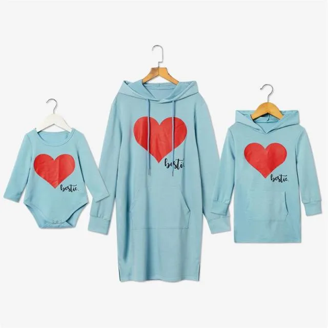 Matching Family Outfits Mommy and Me Long Sleeve Bestie Heart Hoodies Dress