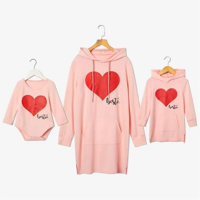 Matching Family Outfits Mommy and Me Long Sleeve Bestie Heart Hoodies Dress