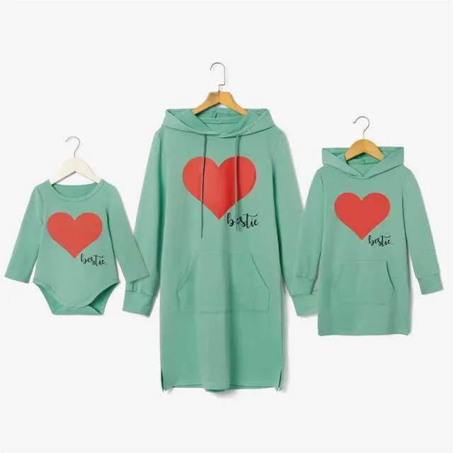 Matching Family Outfits Mommy and Me Long Sleeve Bestie Heart Hoodies Dress