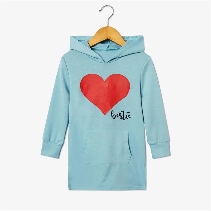 Matching Family Outfits Mommy and Me Long Sleeve Bestie Heart Hoodies Dress