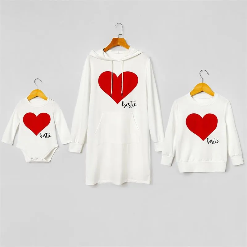 Matching Family Outfits Mommy and Me Long Sleeve Bestie Heart Hoodies Dress