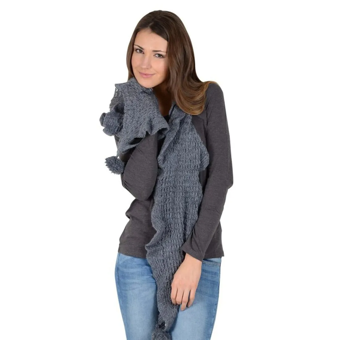 Mia Womens Loose Knit Scarf With Pom Poms Grey Mink Indigo