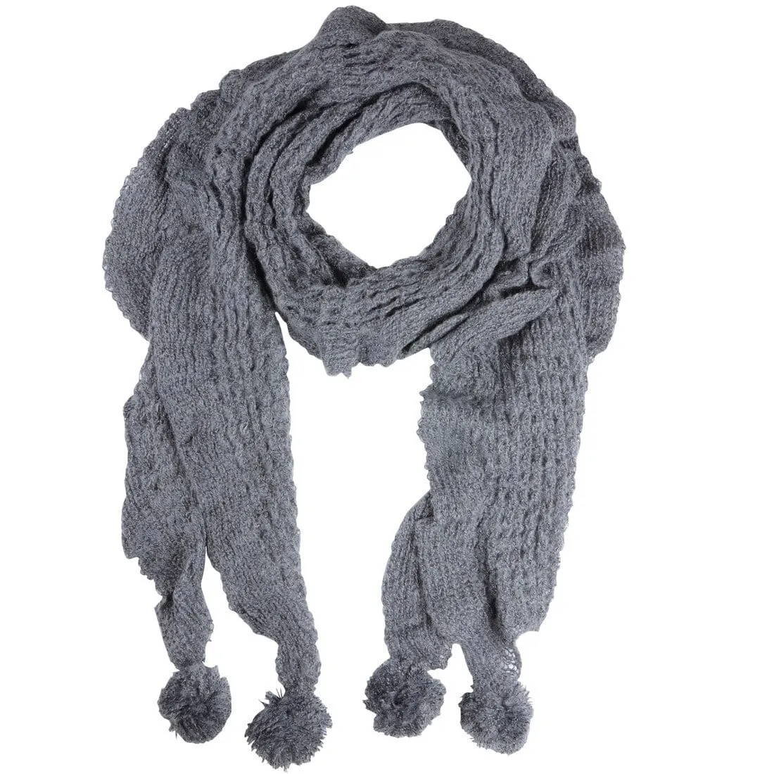 Mia Womens Loose Knit Scarf With Pom Poms Grey Mink Indigo