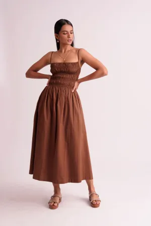 Midi Length Brown Women's cotton strap Dress