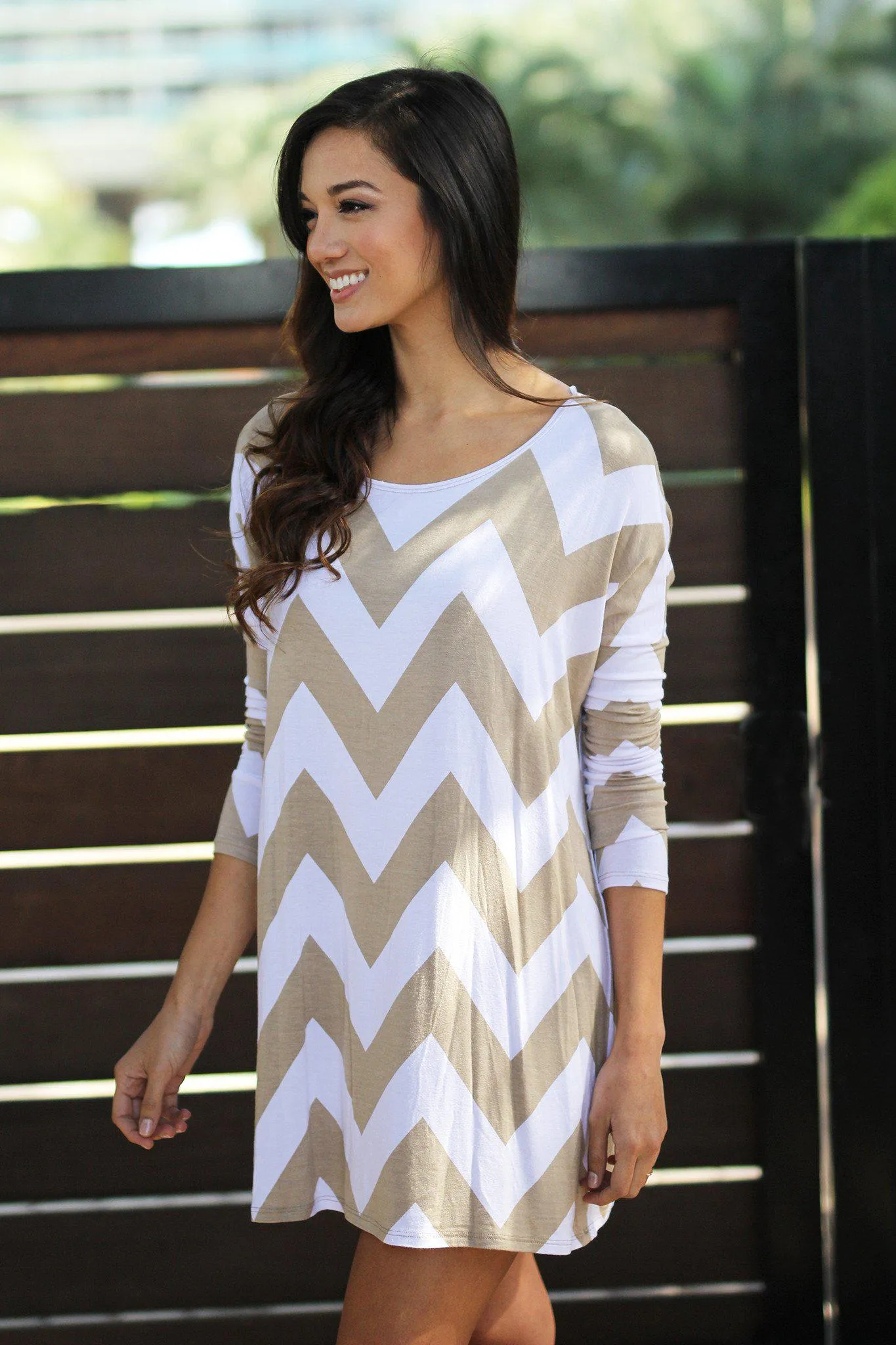 Mocha Chevron Short Dress With 3/4 Sleeves