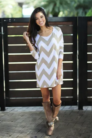 Mocha Chevron Short Dress With 3/4 Sleeves