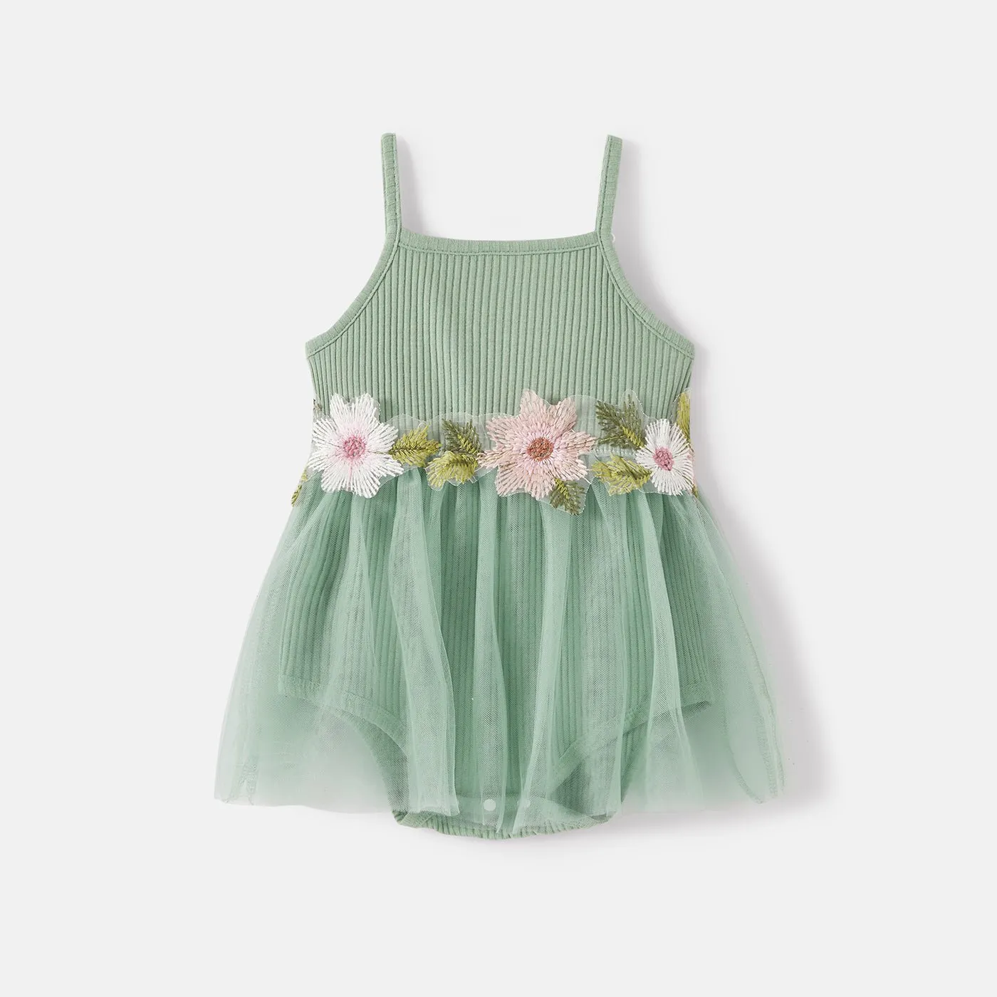 Mommy and Me Cotton Ribbed Floral Embroidered Cami Mesh Dresses