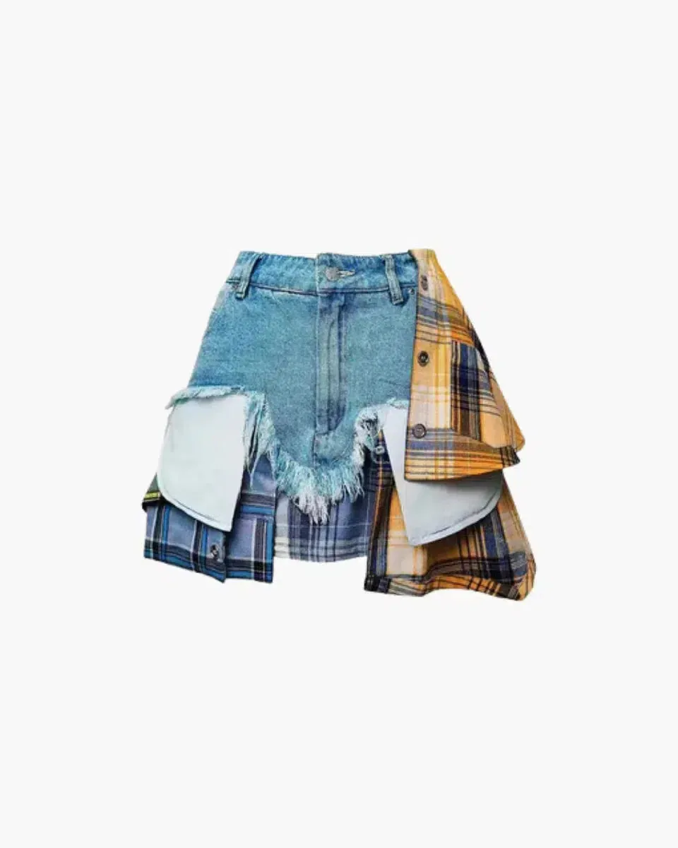 Monica – Plaid panels – Layered denim mini skirt