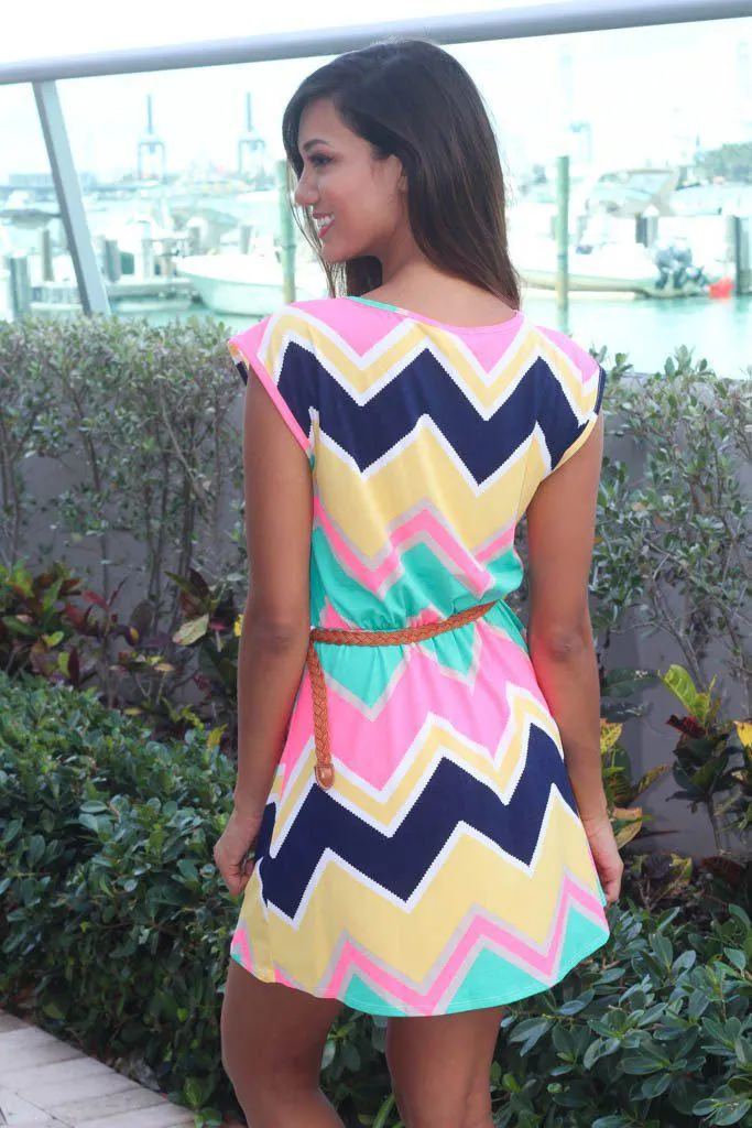 Multicolor Chevron Short Dress with Belt