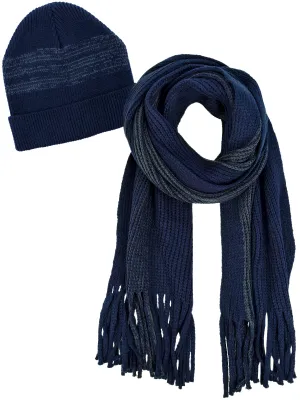 Navy Blue and Gray Mens Winter Knit Hat and Scarf Set