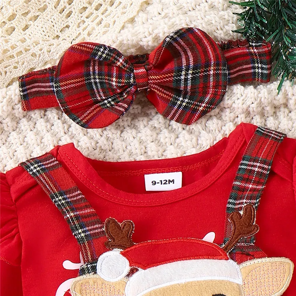 Newborn Infant Baby Girls Christmas Clothes Outfits Letter Print Romper Cartoon Deer Plaid Skirts Headwear Xmas Gifts Costume