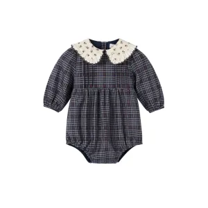 Nou Nelle Plaid Romper with Floral Collar