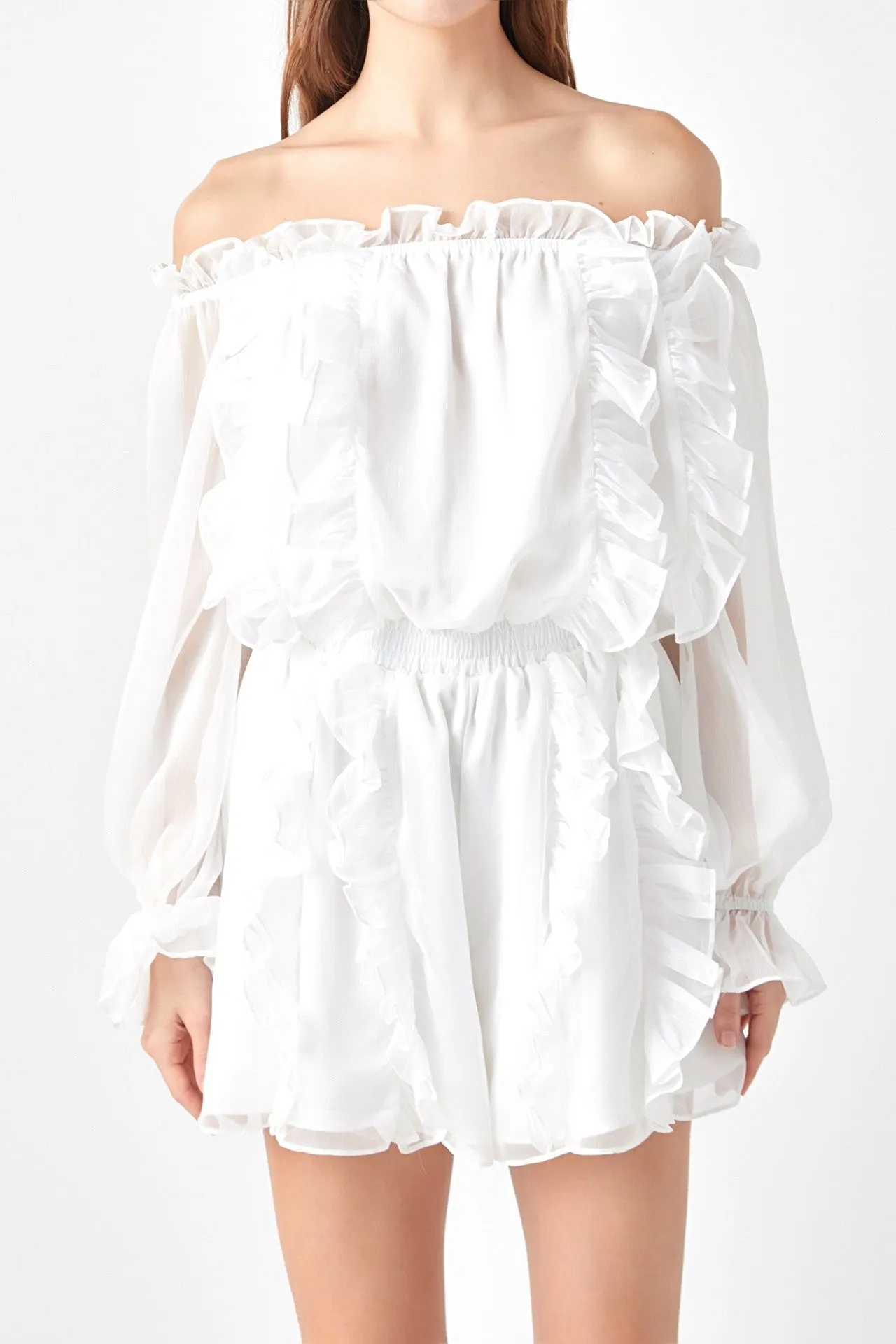 Off the shoulder ruffled romper