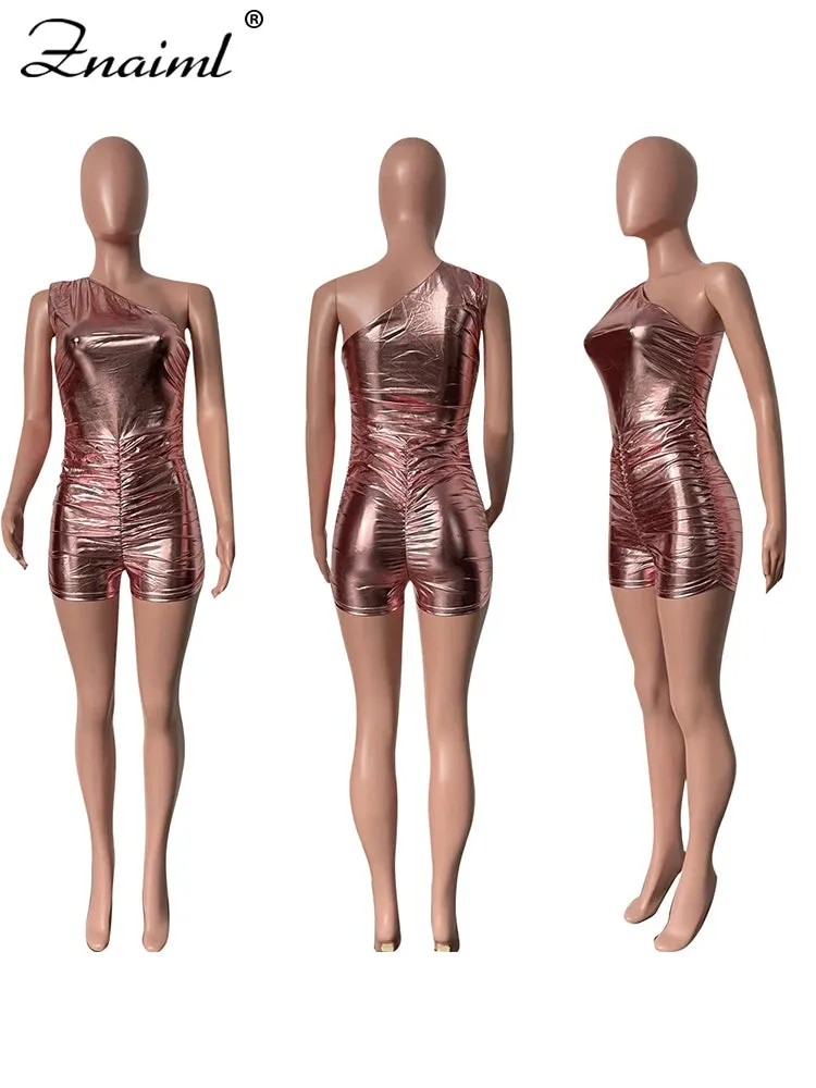 One Shoulder Shiny Bodycon Romper