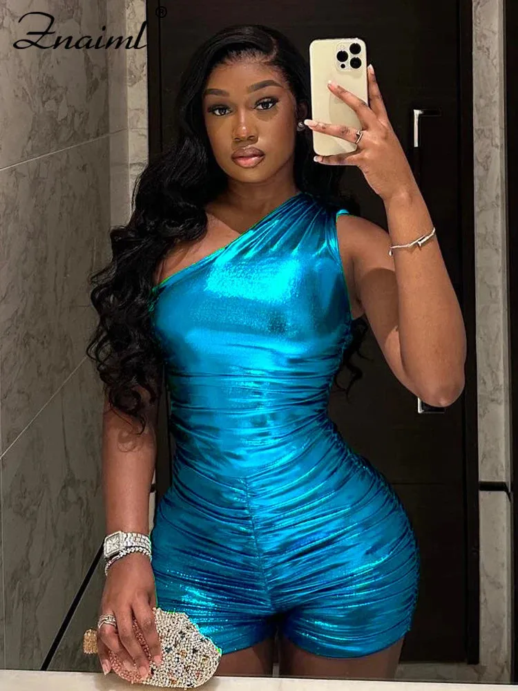 One Shoulder Shiny Bodycon Romper