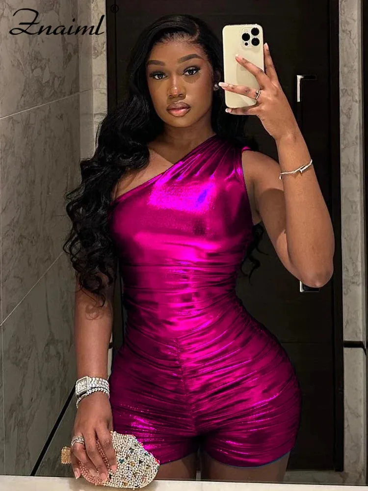 One Shoulder Shiny Bodycon Romper