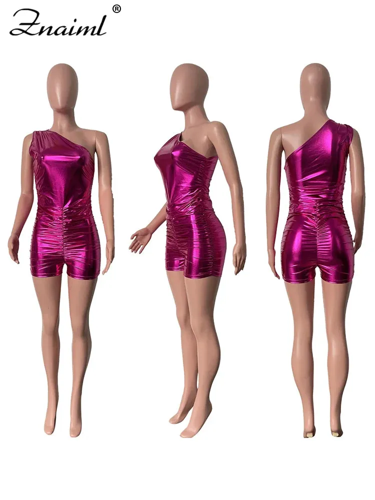 One Shoulder Shiny Bodycon Romper