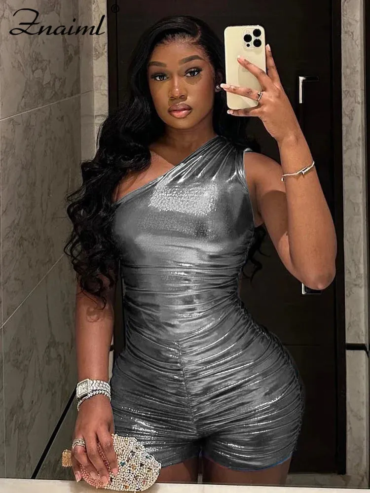 One Shoulder Shiny Bodycon Romper