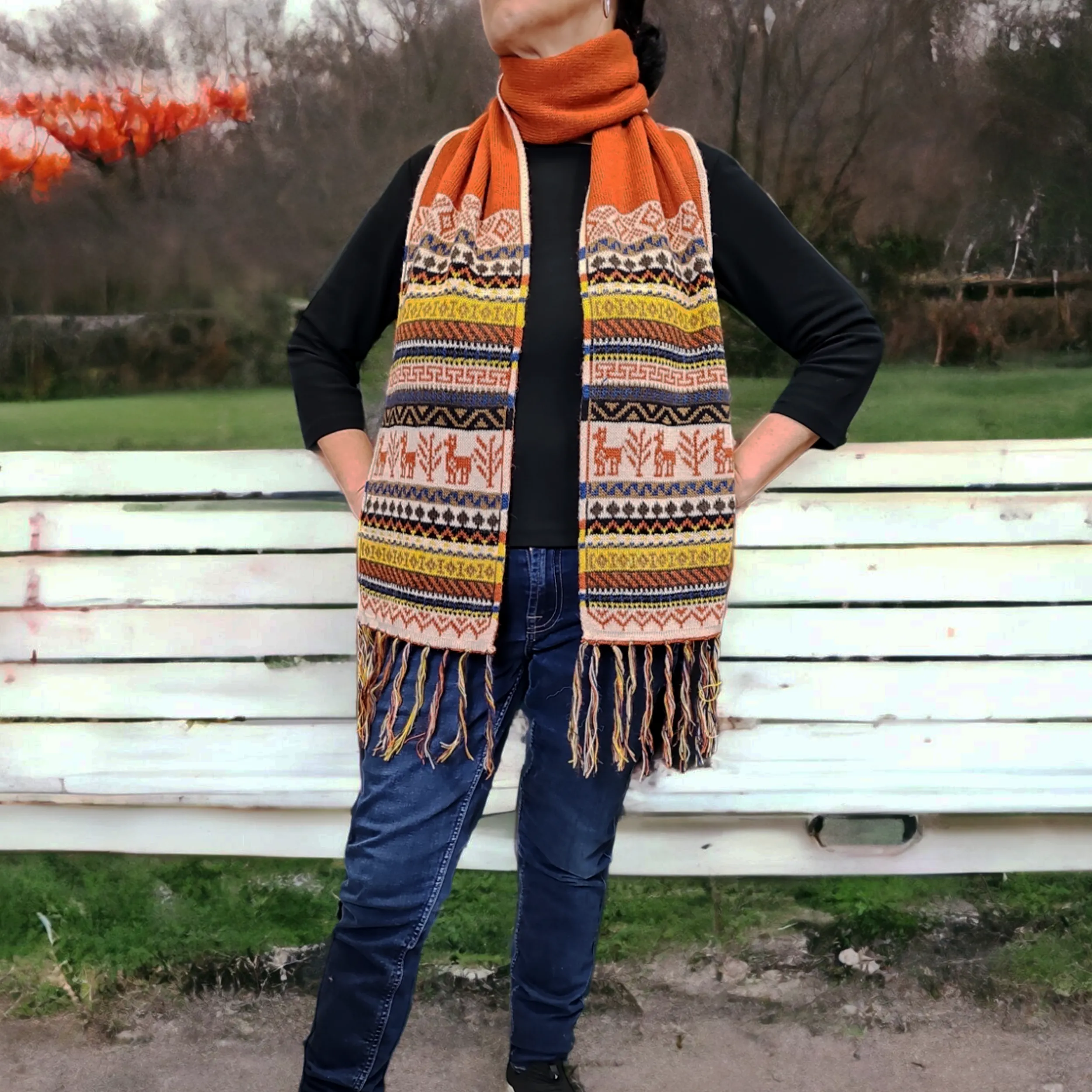 Orange and Beige Handmade Reversible Alpaca Scarf