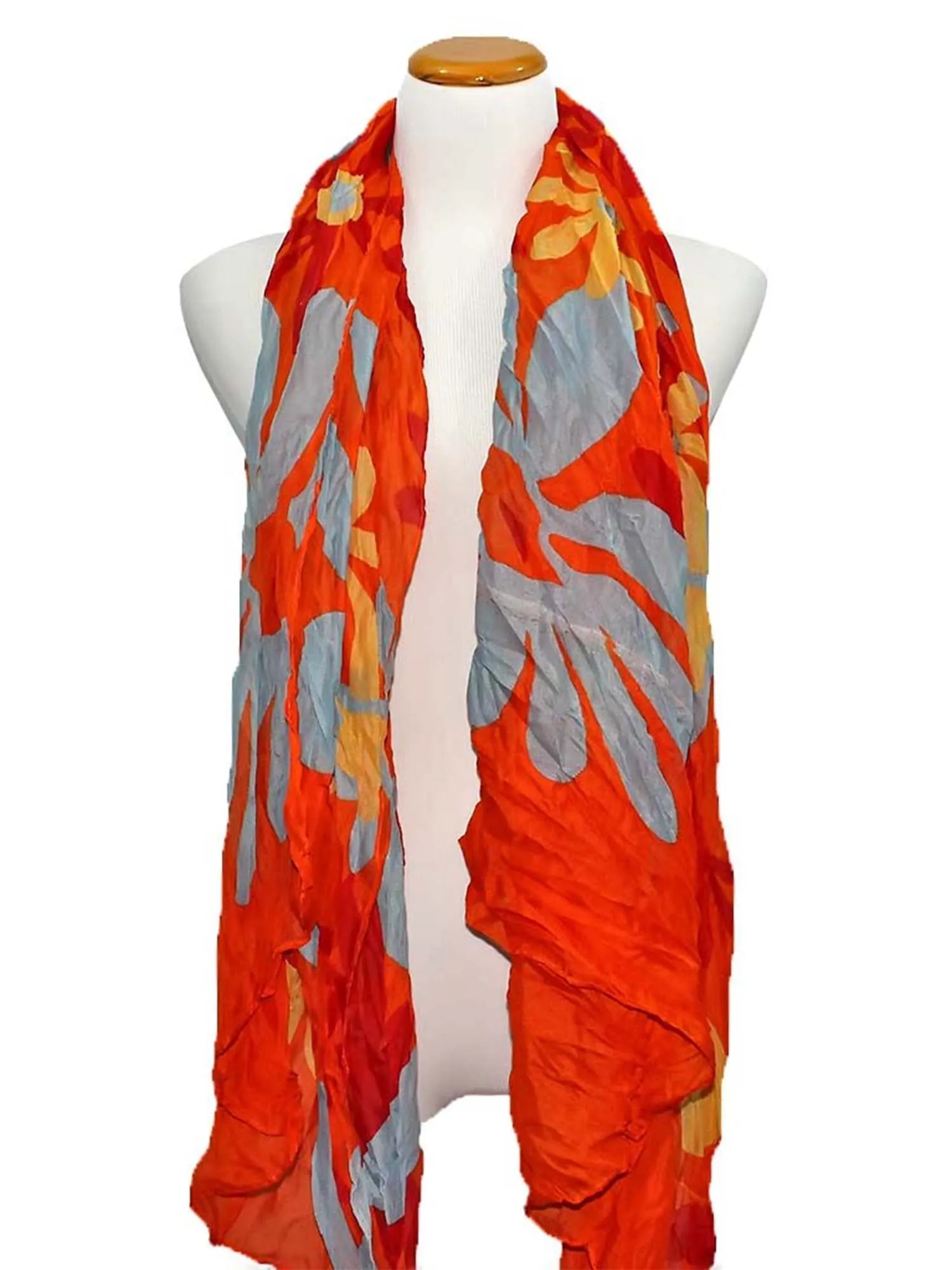 Orange Gray & Red Daisy Print Crinkled Scarf