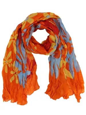 Orange Gray & Red Daisy Print Crinkled Scarf