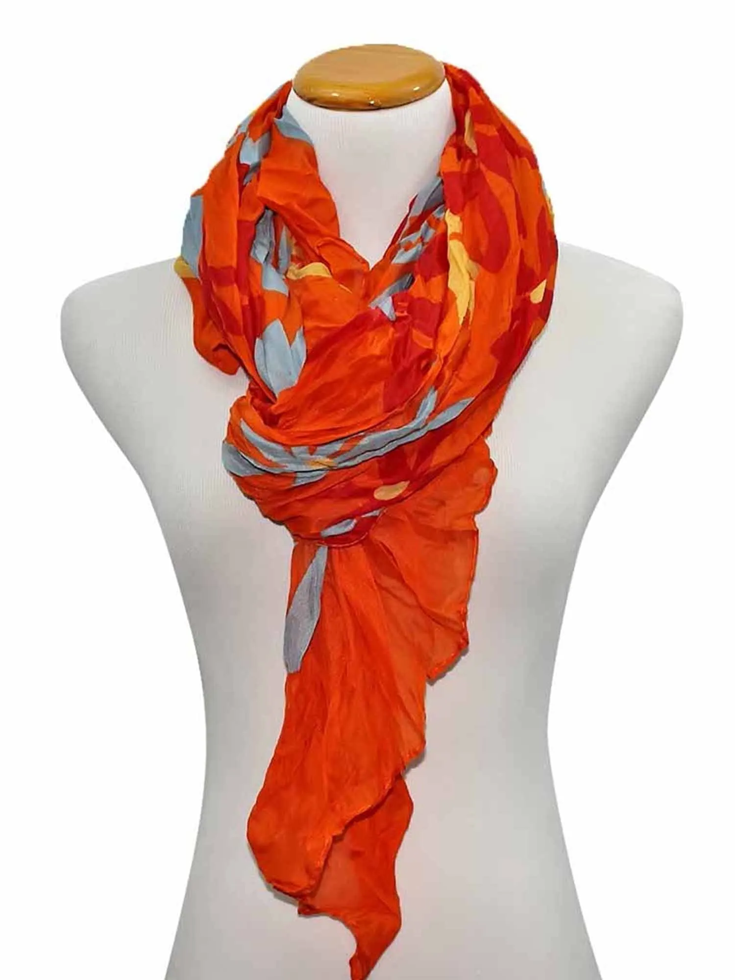 Orange Gray & Red Daisy Print Crinkled Scarf