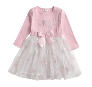 Pink Stars -  Girls Long Sleeve Tulle Tutu Skirt Dress