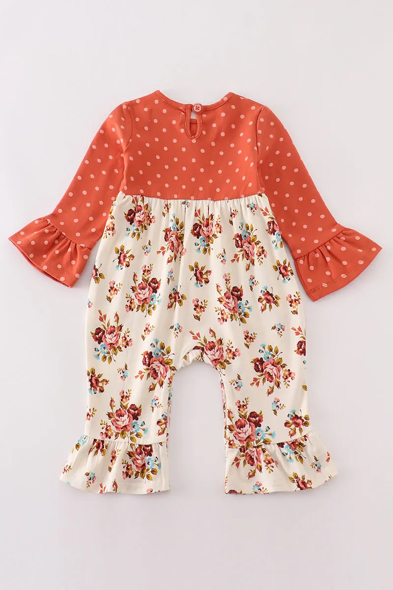 Platinum rust floral dot pocket girl romper