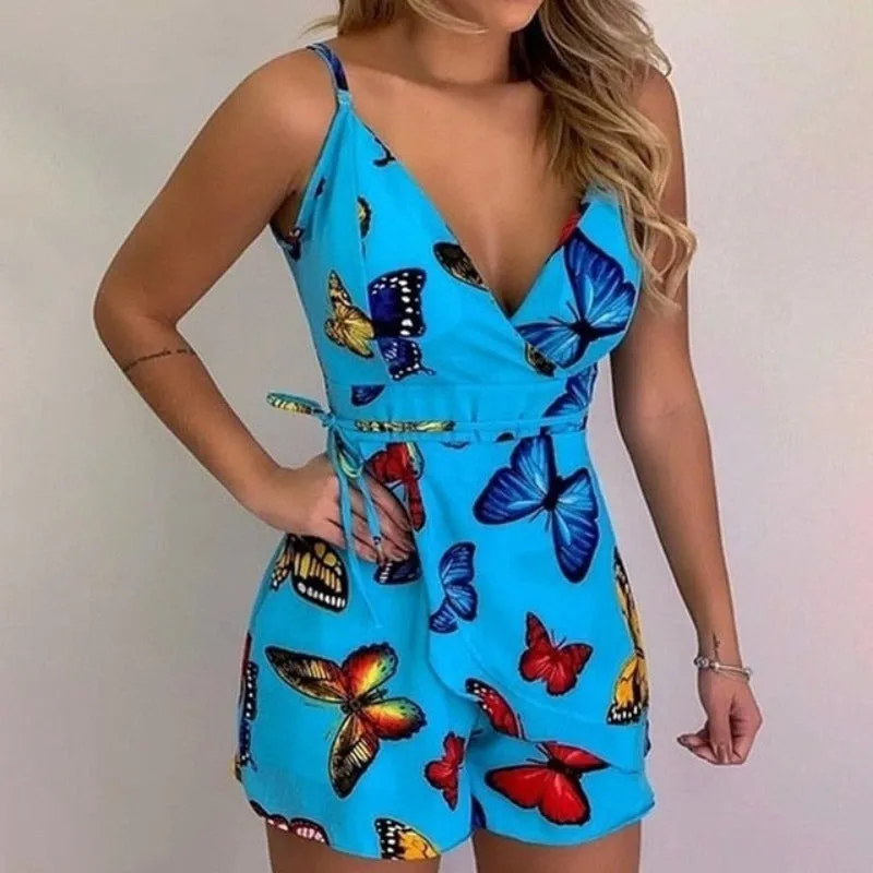 Print Slim V-Neck Sleeveless Romper