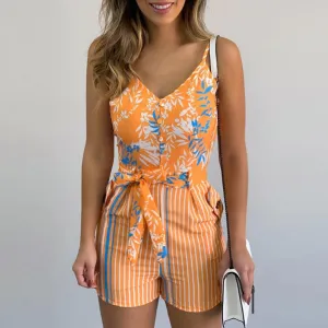 Print Slim V-Neck Sleeveless Romper