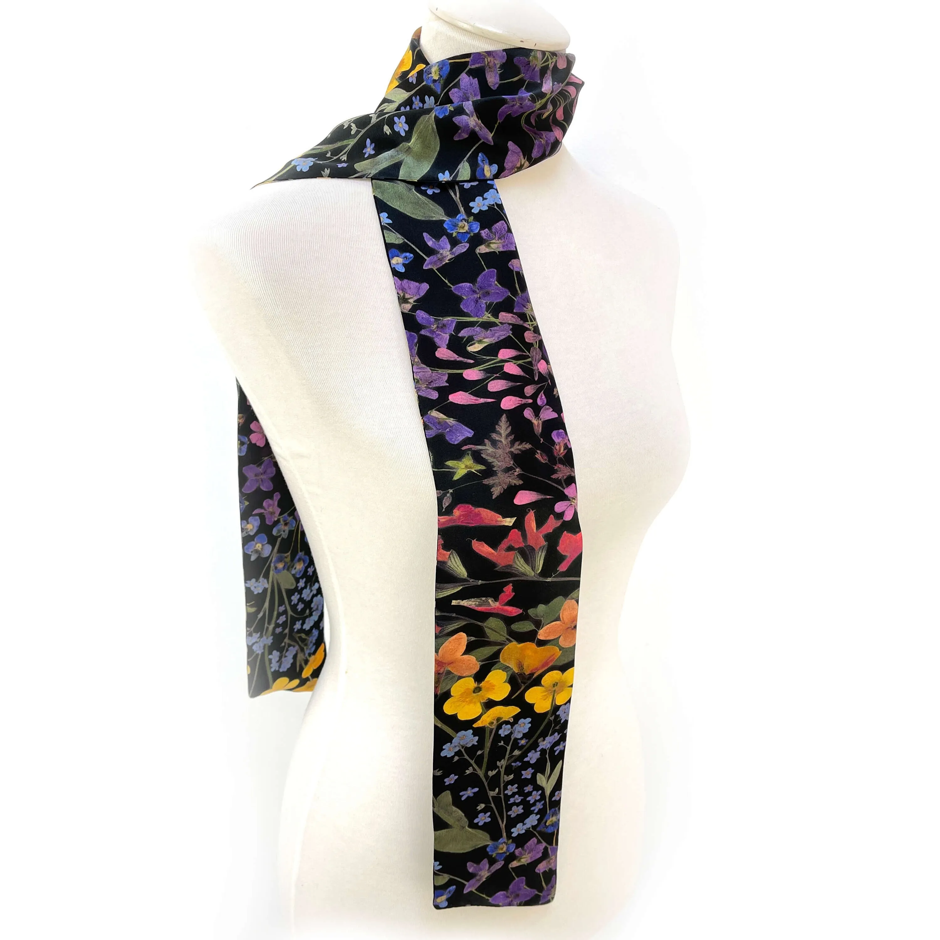 Pure Silk Scarf, Pressed Flower Scarf on Black, Womans Scarf, Hair Scarf, Neck Scarf, Headband, Designer Scarf, 100% Pure Silk