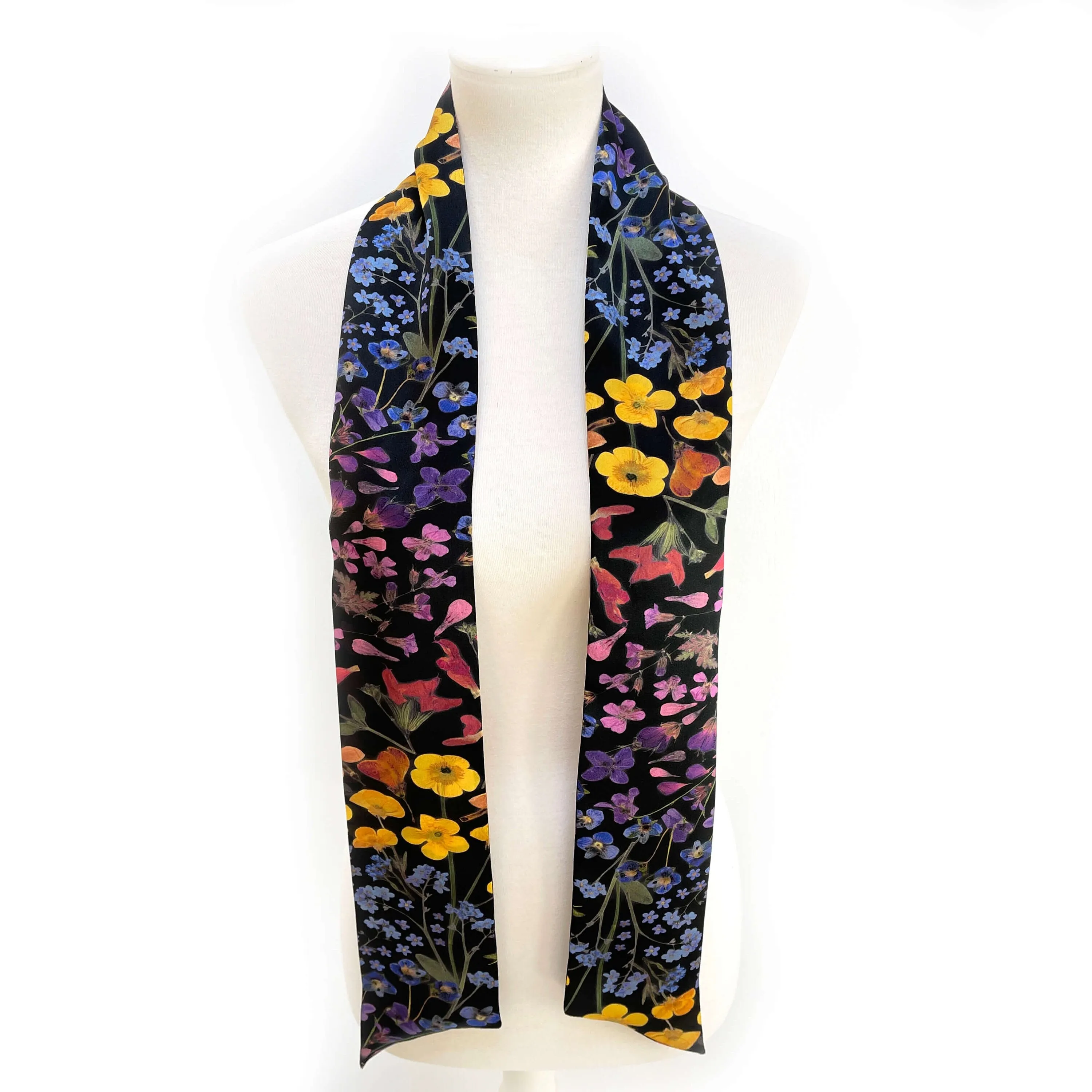 Pure Silk Scarf, Pressed Flower Scarf on Black, Womans Scarf, Hair Scarf, Neck Scarf, Headband, Designer Scarf, 100% Pure Silk