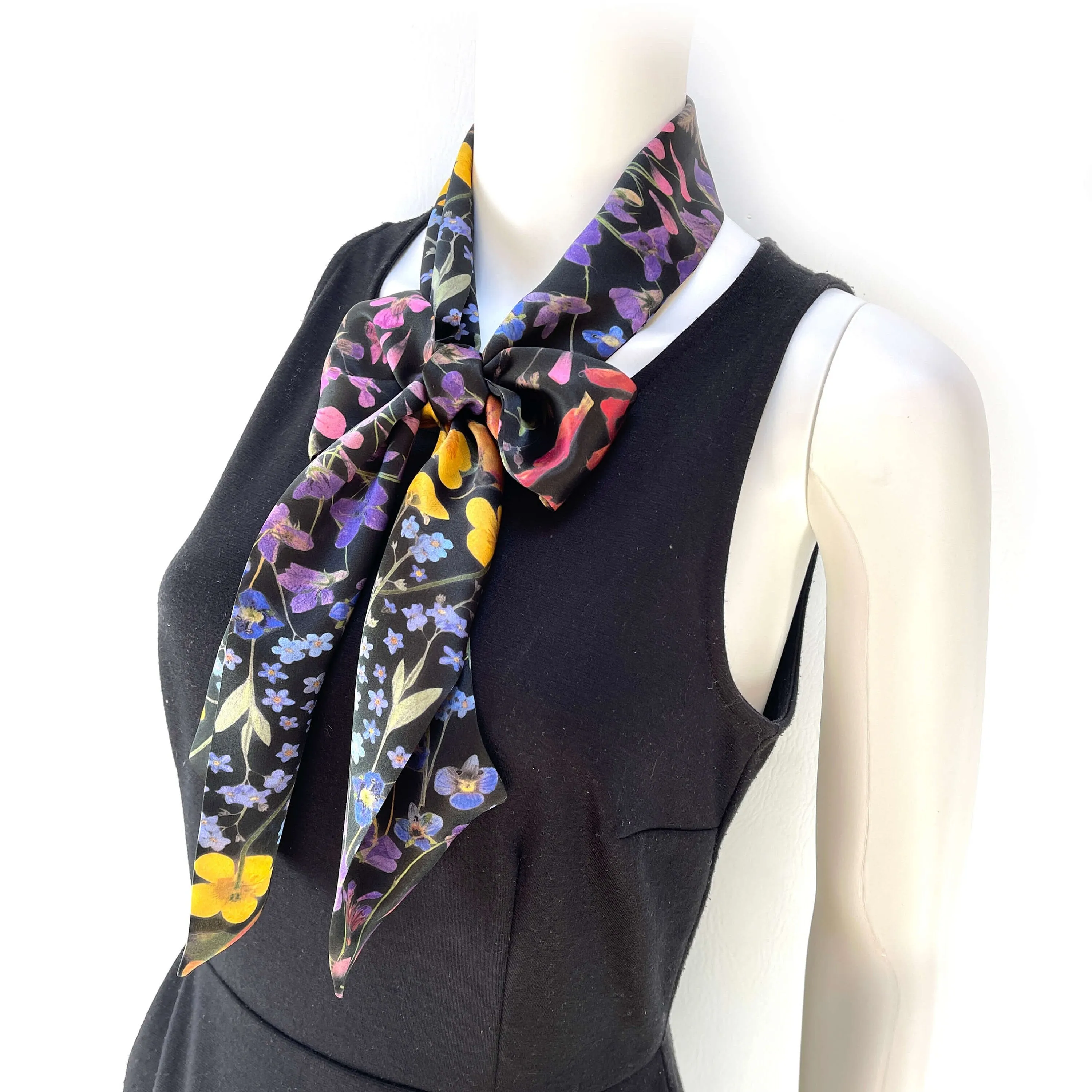 Pure Silk Scarf, Pressed Flower Scarf on Black, Womans Scarf, Hair Scarf, Neck Scarf, Headband, Designer Scarf, 100% Pure Silk