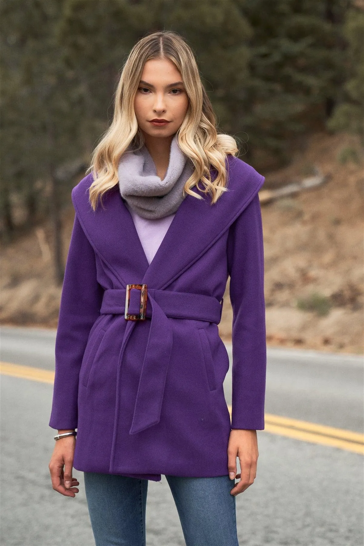 Purple Oversized Collar Long Sleeve Self-Belt Buckles Short Coat /1-2-2