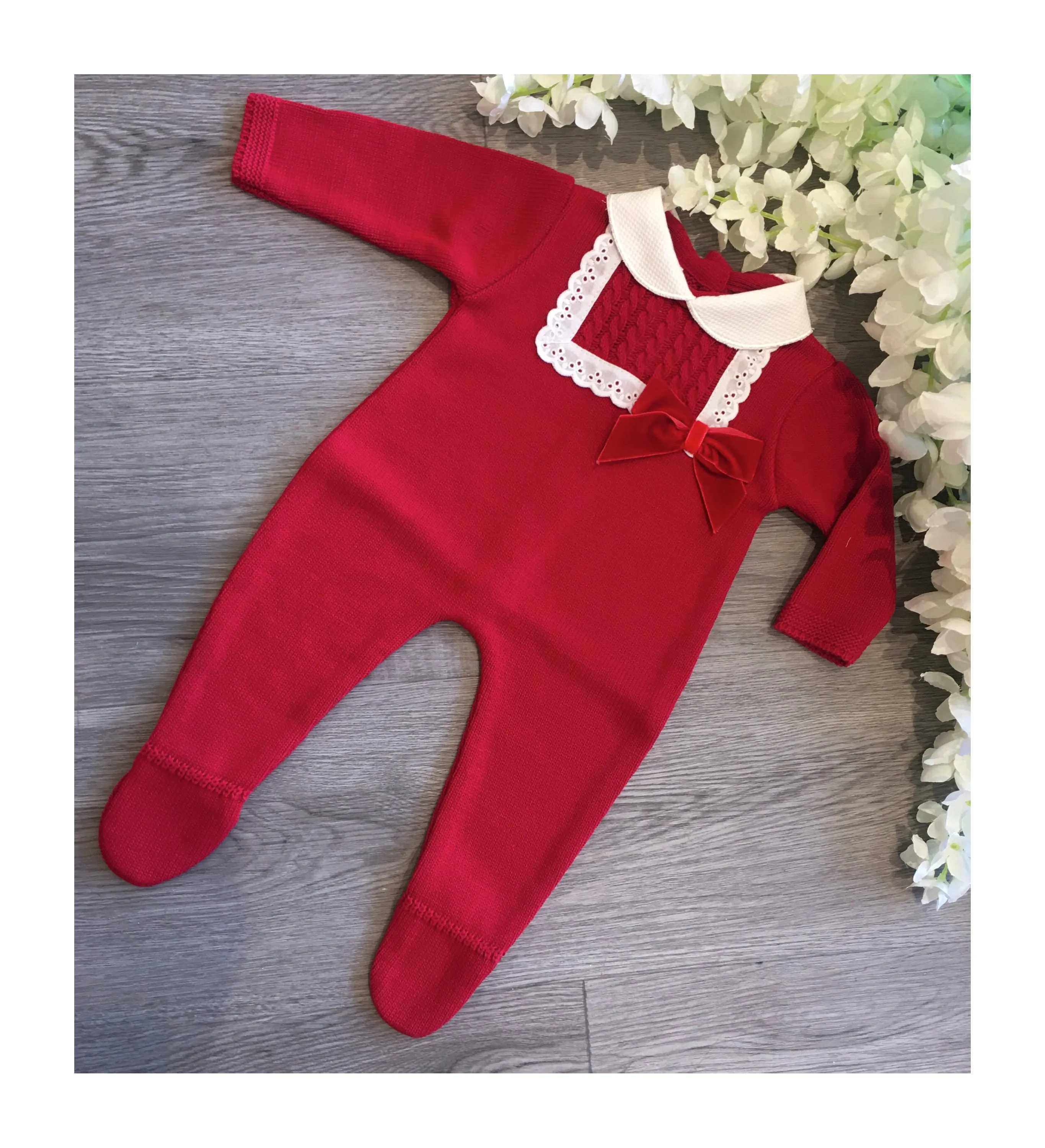 Red fine knit baby romper