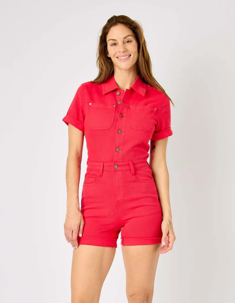 Red High Waist Garment Dyed Short Sleeve Romper