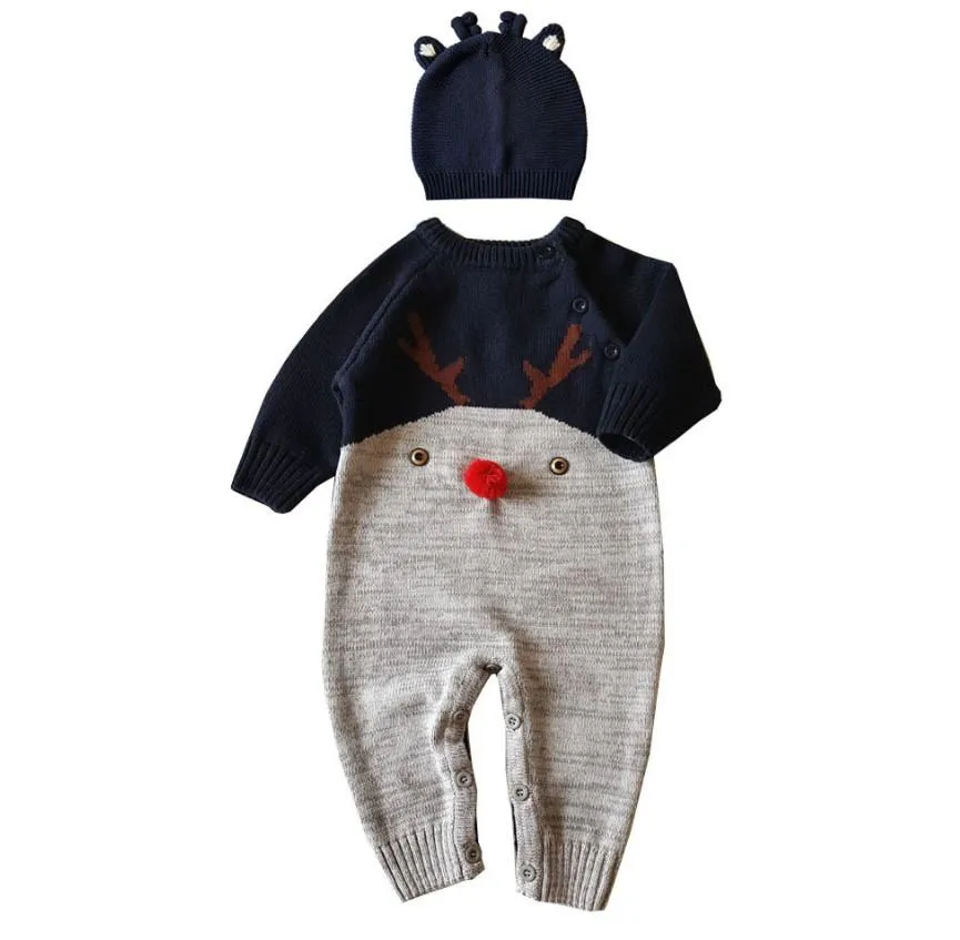 Reindeer Pom Pom Romper Navy Blue With Cap