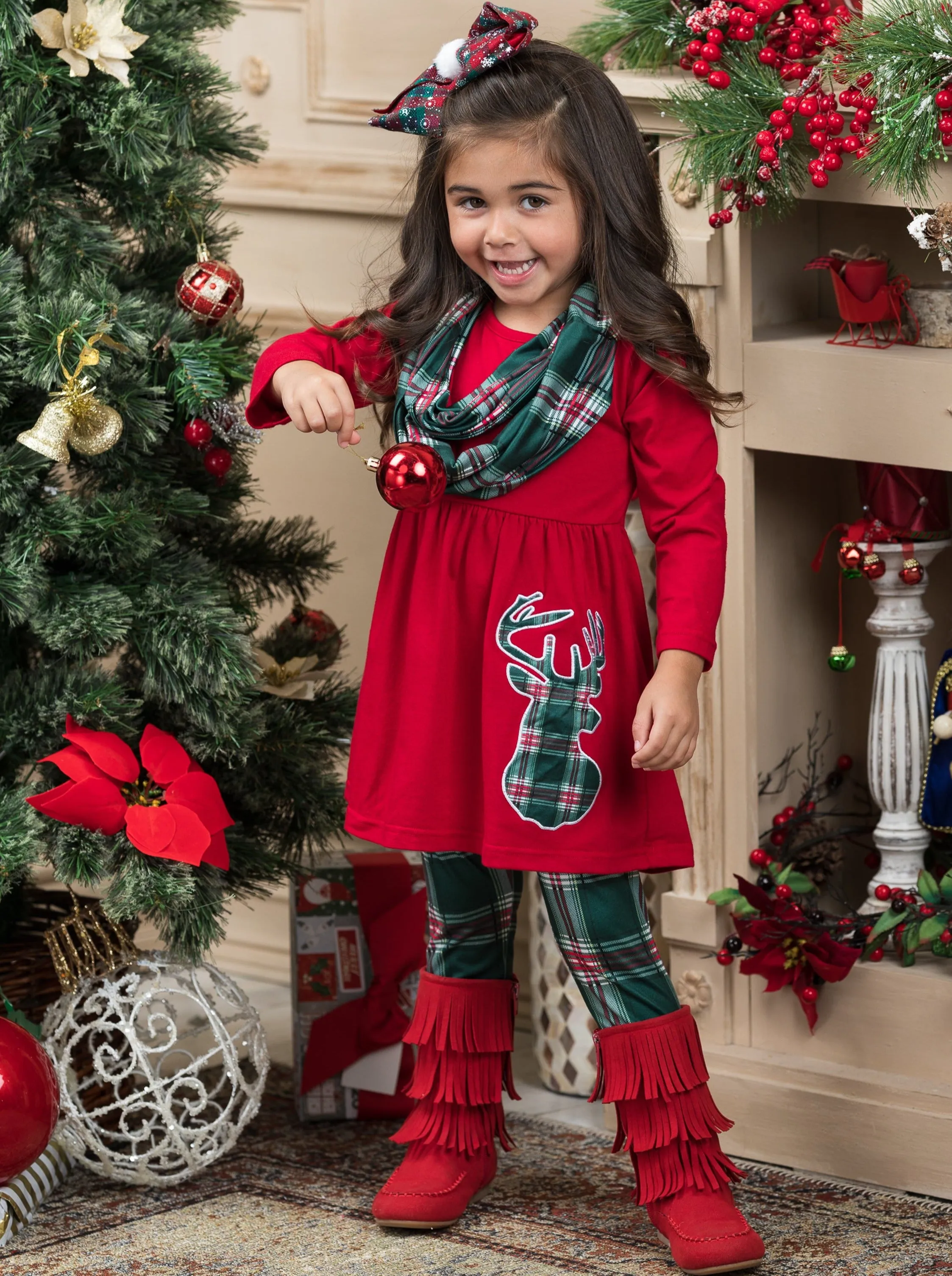 Reindeer Slay Plaid Tunic, Scarf, And Legging Set